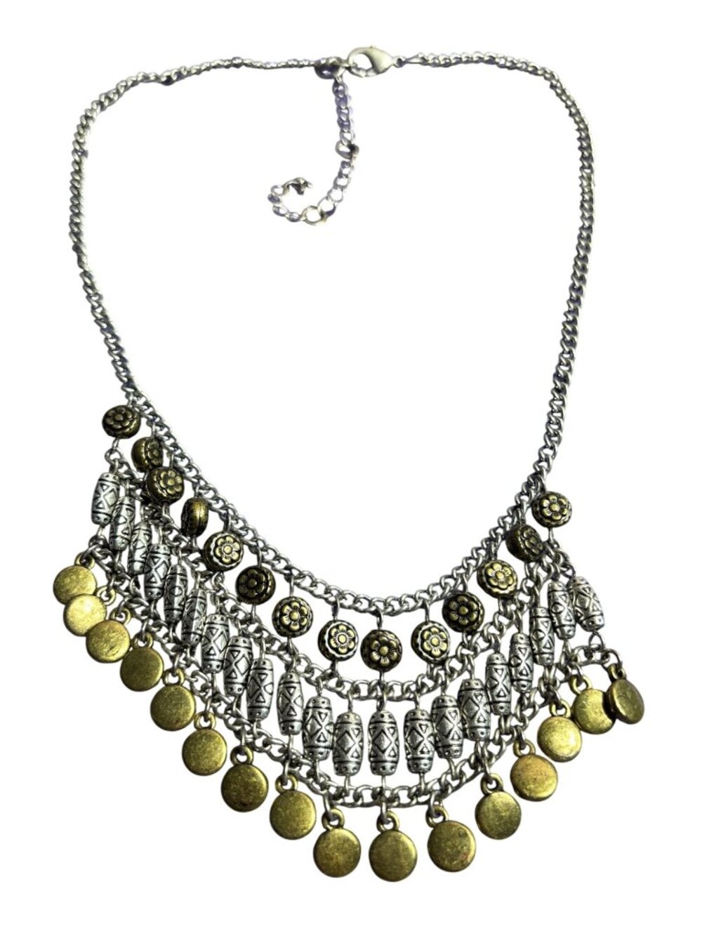 Silvertone Brass Color Metal Beaded Bib Necklace Floral 16 - 19 inches Long